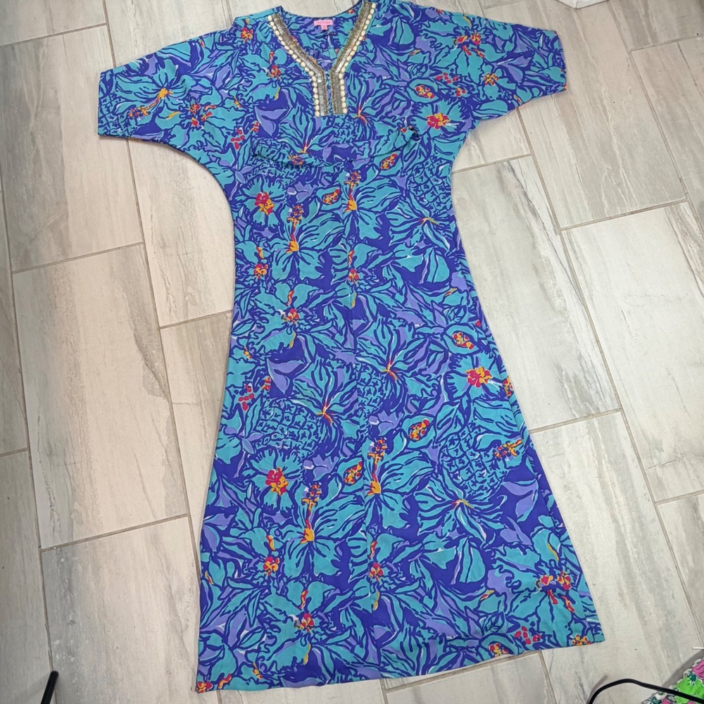 Lilly Pulitzer RARE Wilda Blue Purple Pineapple Beaded Maxi Caftan Dress S